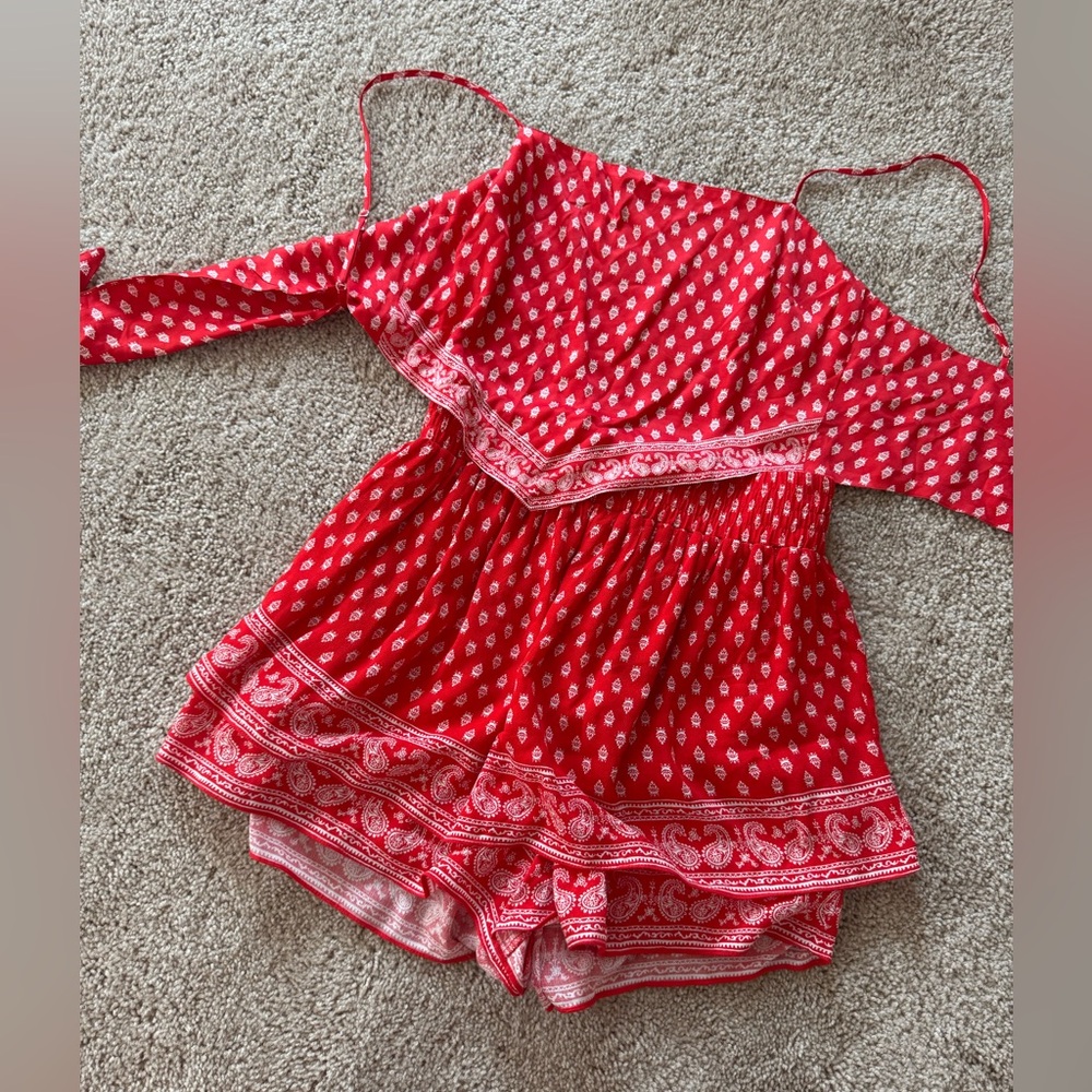 Red Patterned Off-Shoulder Romper - image 1